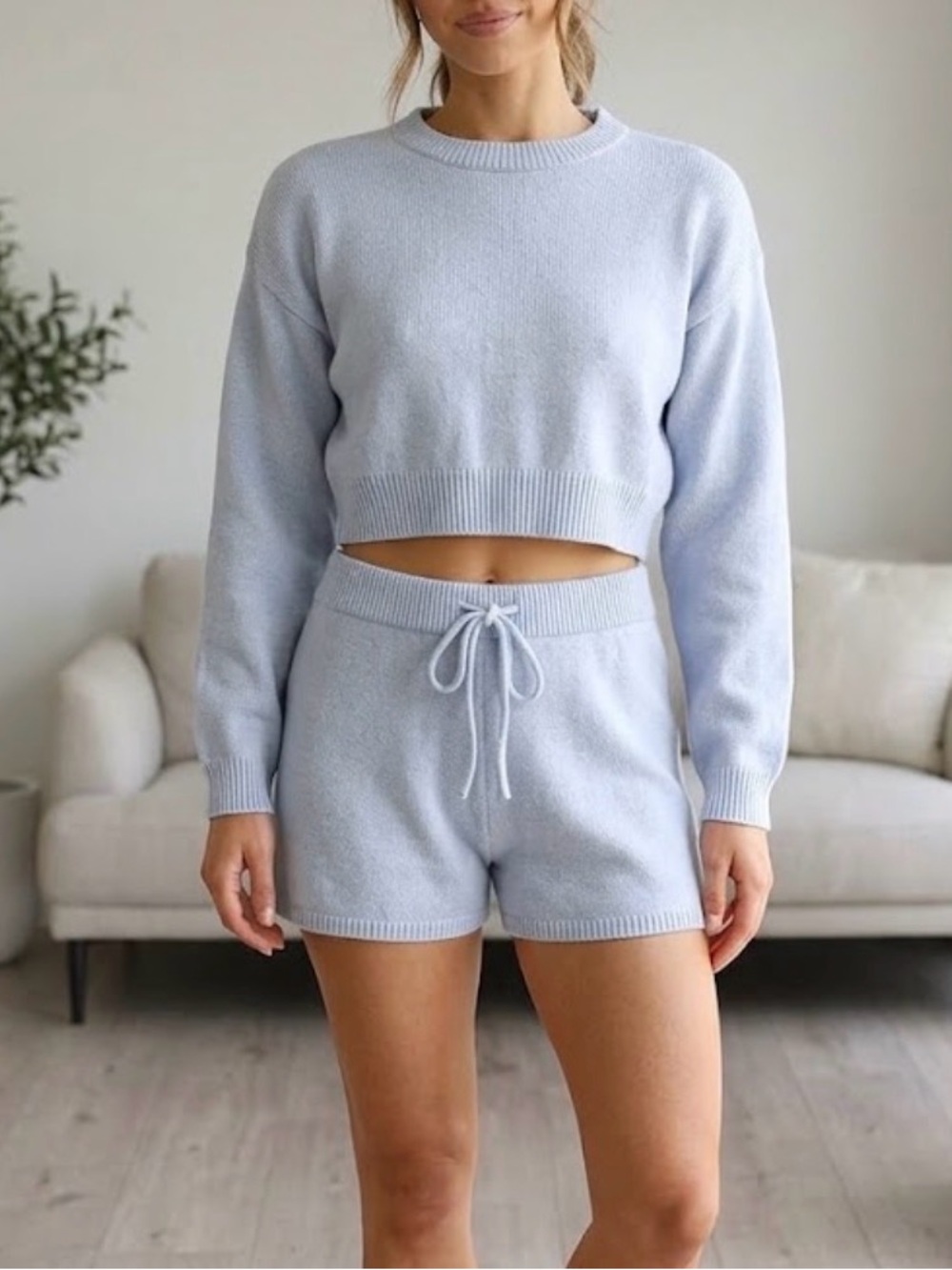Cozy High-Waist Knit Drawstring shorts and cropped sweater set- Light Blue